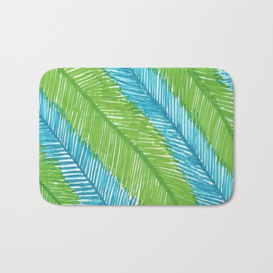 Blue and Green Palm Leaves Bath Mat