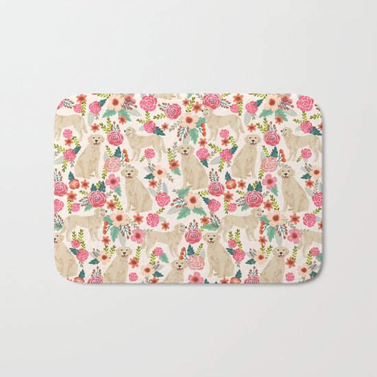 Golden retrievers must have florals cream pastel gender neutral dog art cute pet portraits labrador Bath Mat