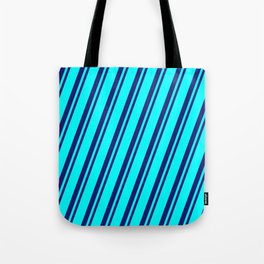 [ Thumbnail: Cyan & Midnight Blue Colored Striped/Lined Pattern Tote Bag ]