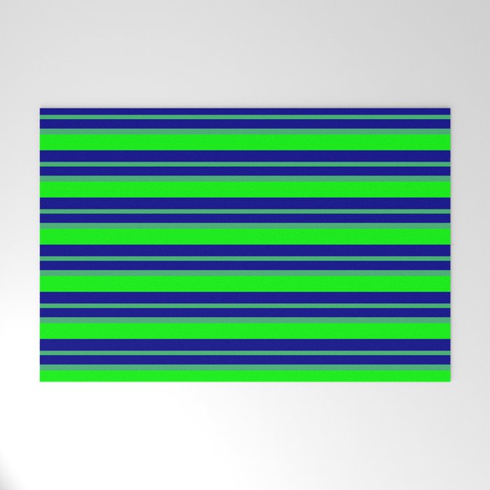 Dark Blue, Sea Green & Lime Colored Lined/Striped Pattern Welcome Mat