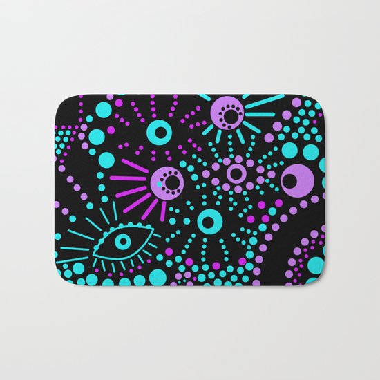 Abstract polka dot purple , black , turquoise . Bath Mat