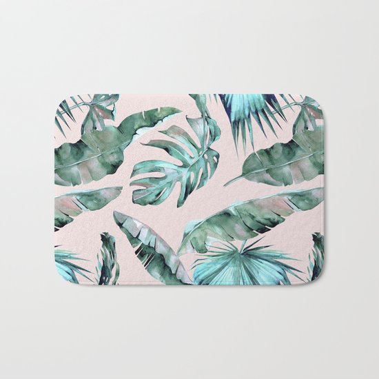 Tropical Palm Leaves Turquoise Green Coral Pink Bath Mat