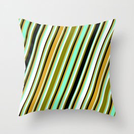 [ Thumbnail: Aquamarine, White, Green, Black, and Goldenrod Colored Pattern of Stripes Throw Pillow ]