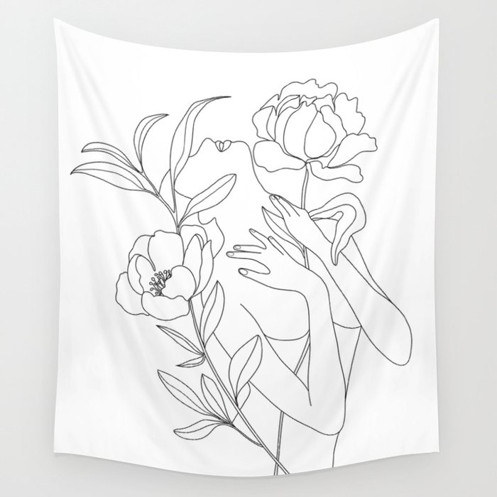 Minimal Line Art Woman with Peonies Wall Tapestry