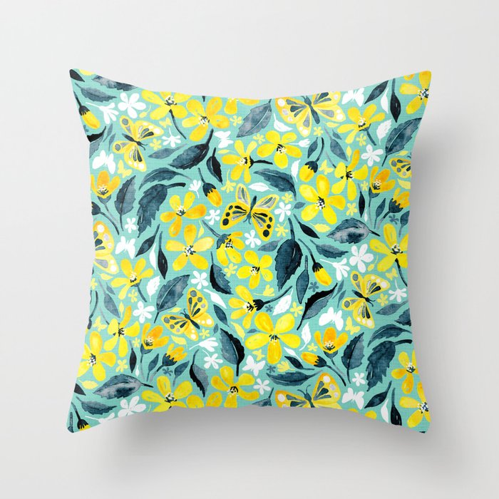 Yellow and Teal Summer Floral with Butterflies and Blooms Throw Pillow