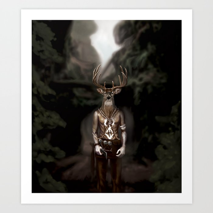 Skinwalker Navajo inspired shapeshifter with deer head Art Print