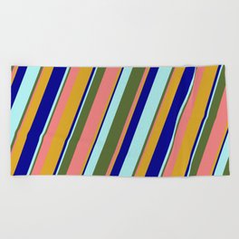 [ Thumbnail: Colorful Dark Olive Green, Light Coral, Goldenrod, Dark Blue, and Turquoise Colored Lined Pattern Beach Towel ]