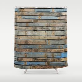 distressed wood wall - Blue and brown planks Shower Curtain