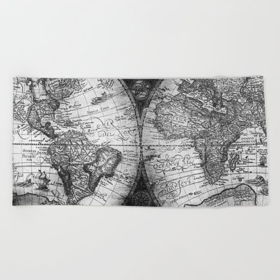 World Map Antique Vintage Black and White Beach Towel