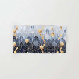 Geometric abstraction of hexagons on a blue relief background with gold elements. Fresco for interior wall mural. Vintage modern home décor. Hand & Bath Towel