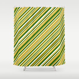 [ Thumbnail: Vibrant Green, Tan, Goldenrod, Dark Green & White Colored Pattern of Stripes Shower Curtain ]
