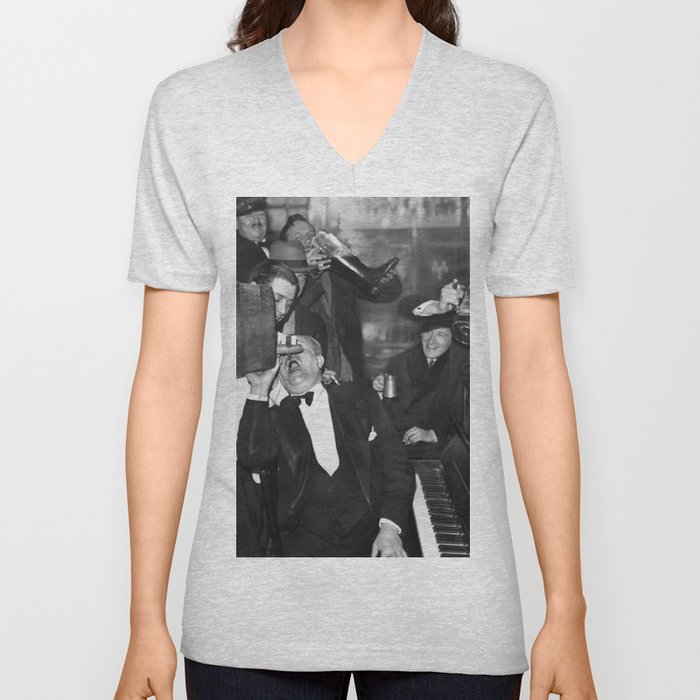 Roaring twenties speakeasy secret bar prohibition drinking like it was normal every day; men drinking mugs and steins of beer black and white funny photograph - photography - photographs V Neck T Shirt