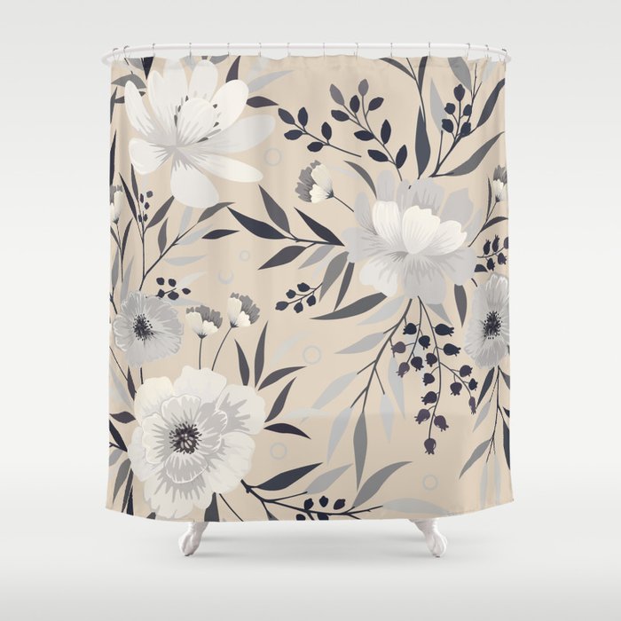 Modern, Boho, Floral Prints, Beige, Gray and White Shower Curtain