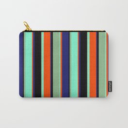 [ Thumbnail: Vibrant Black, Dark Sea Green, Aquamarine, Red, and Midnight Blue Colored Pattern of Stripes Carry-All Pouch ]
