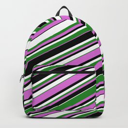 [ Thumbnail: Forest Green, Orchid, Black & White Colored Striped/Lined Pattern Backpack ]