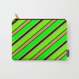 [ Thumbnail: Lime, Coral, Green, and Black Colored Lined Pattern Carry-All Pouch ]