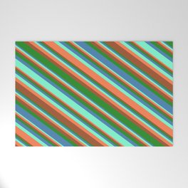 [ Thumbnail: Aquamarine, Coral, Sienna, Forest Green, and Blue Colored Lined/Striped Pattern Welcome Mat ]