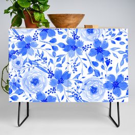 Blue and White Watercolor Florals Credenza