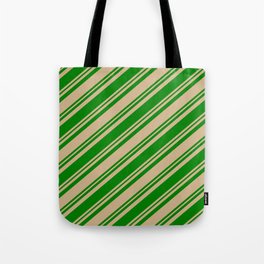 [ Thumbnail: Tan and Green Colored Lined Pattern Tote Bag ]