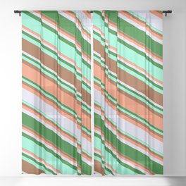 [ Thumbnail: Eyecatching Brown, Coral, Lavender, Dark Green & Aquamarine Colored Lines Pattern Sheer Curtain ]