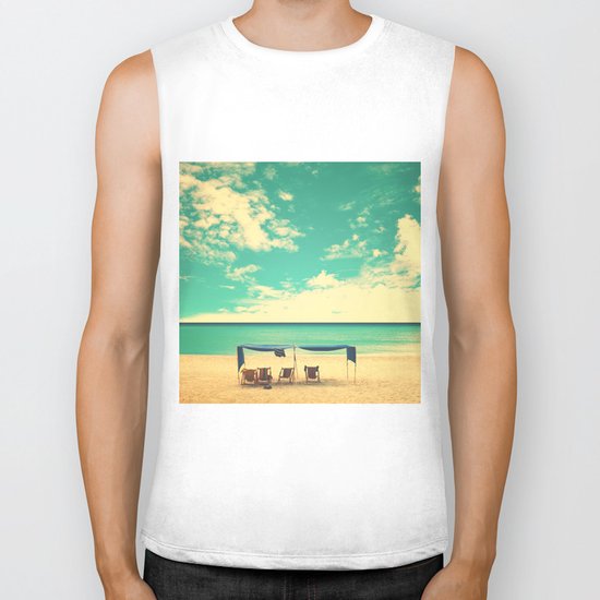 Paradise Beach and Retro Blue Sky Biker Tank