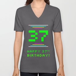 [ Thumbnail: 37th Birthday - Nerdy Geeky Pixelated 8-Bit Computing Graphics Inspired Look V Neck T Shirt V-Neck T-Shirt ]