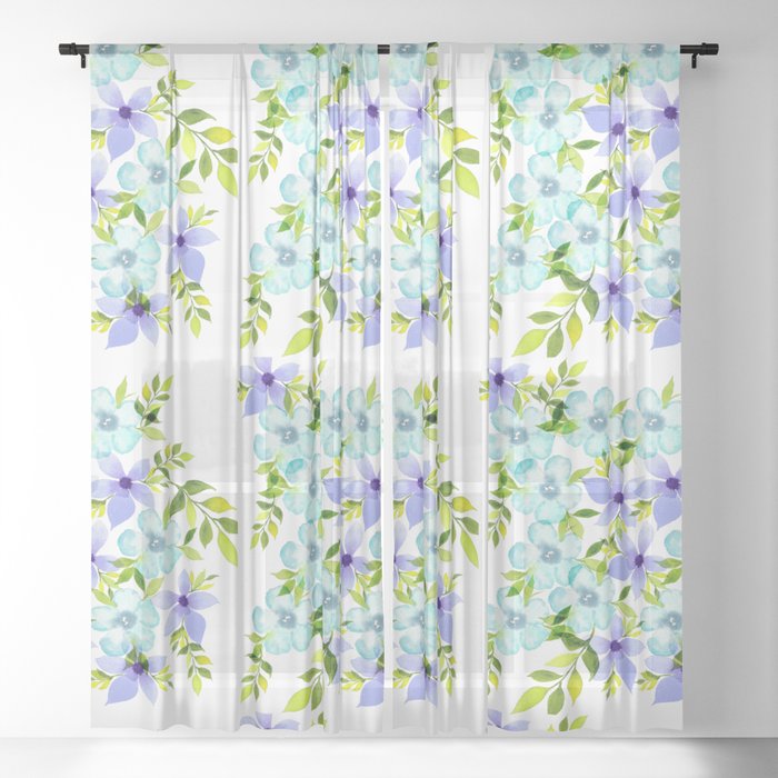 Blue purple floral - botanical pattern Sheer Curtain