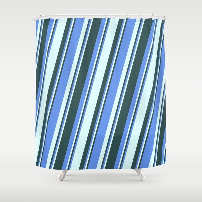 Cornflower Blue, Light Cyan, and Dark Slate Gray Colored Pattern of Stripes Shower Curtain