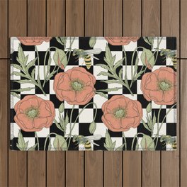 Bee and flower checker pattern Outdoor Rug