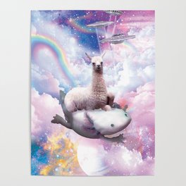 Space Llama Riding Axolotl - Rainbow Poster