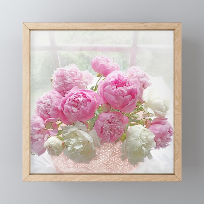 Shabby Chic Garden Pink White Peonies In Window Cottage Flower Wall Art Print, Home Decor, Gift Decor Framed Mini Art Print