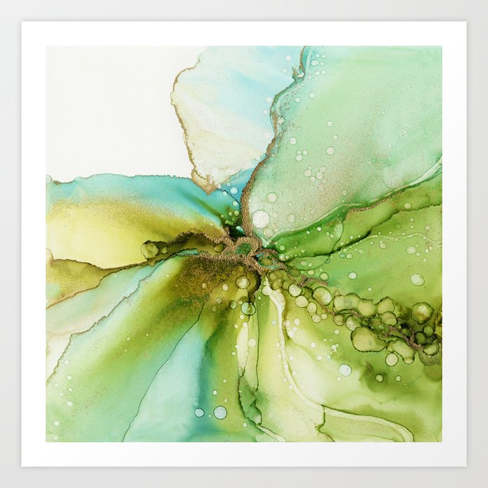 Follow the Bubbles - Green Abstract Ink Painting Art Print