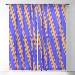 [ Thumbnail: Blue and Dark Orange Colored Lined/Striped Pattern Sheer Curtain ]