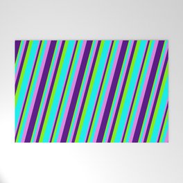 [ Thumbnail: Chartreuse, Aqua, Violet, and Indigo Colored Striped/Lined Pattern Welcome Mat ]