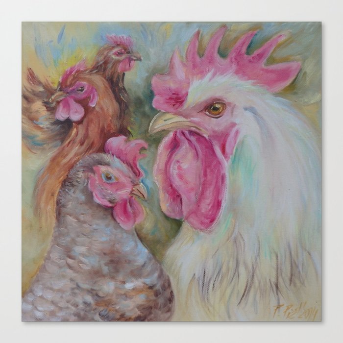 Rooster Hen Chickens Painting Country Style Decor Vegan Birds