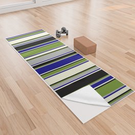 [ Thumbnail: Green, Dark Gray, Blue, Beige, and Black Colored Lined Pattern Yoga Towel ]