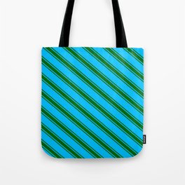 [ Thumbnail: Deep Sky Blue & Dark Green Colored Stripes/Lines Pattern Tote Bag ]