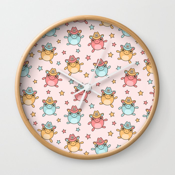Jumping Cowboy Frogs, Cute Happy Frog with Hat Fun Pattern Wall Clock