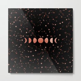 Moon Phases and Star Constellation Rose Gold Metal Print