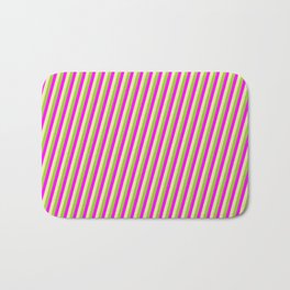 [ Thumbnail: Fuchsia, Pale Goldenrod & Green Colored Pattern of Stripes Bath Mat ]