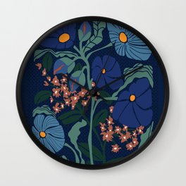 Klimt flower dark blue Wall Clock | Floral, Garden, Simple, Blue, Vintage, Cottage, Outdoor, Shapes, Klimt, Pattern 
