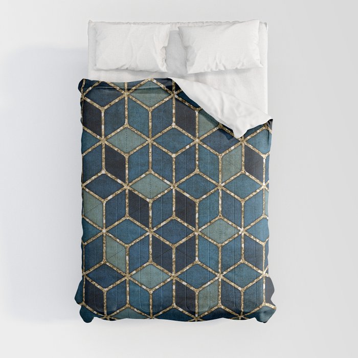 Shades Of Turquoise Green & Blue Cubes Pattern Comforter