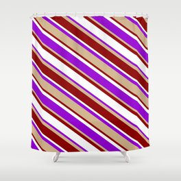 [ Thumbnail: White, Dark Violet, Tan & Dark Red Colored Lined Pattern Shower Curtain ]