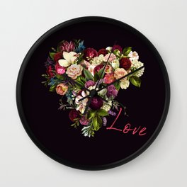 Moody romantic red love script flowers heart shape on dark purple indigo Wall Clock