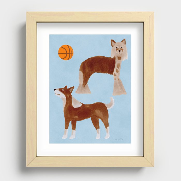 Dogs and a Basketball - Brown and Blue Recessed Framed Print