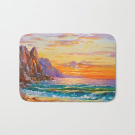 Sunset on the rocky shore Bath Mat | Painting, Impressionism, Oil 