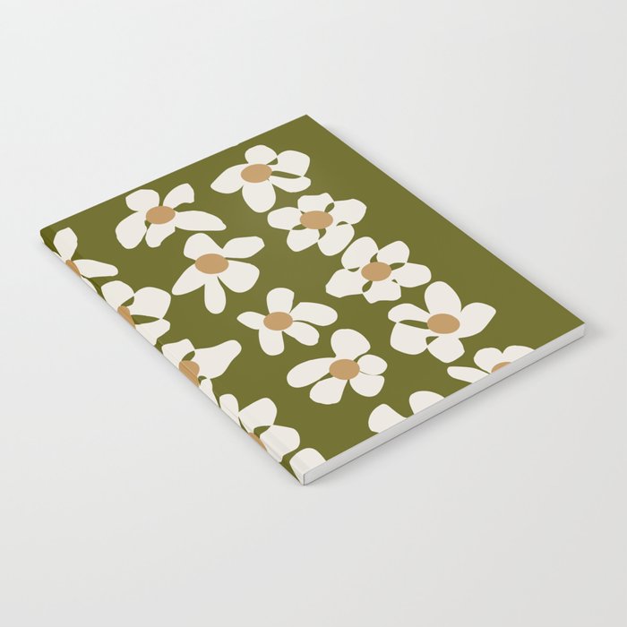 White Flowers khaki green background Notebook