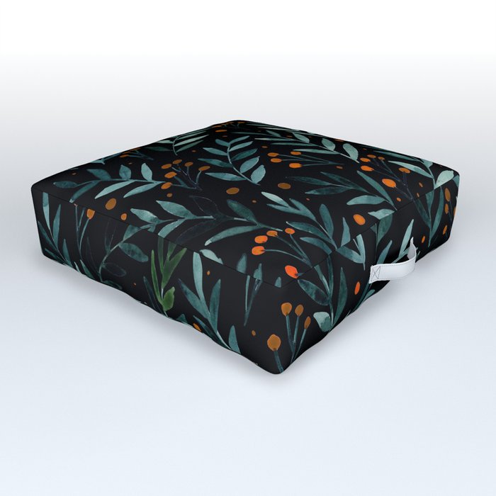 Festive watercolor branches - black, teal and orange Outdoor Floor Cushion