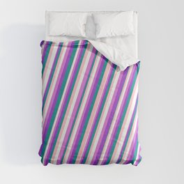 [ Thumbnail: Eye-catching Pink, Mint Cream, Orchid, Dark Orchid & Dark Cyan Colored Stripes Pattern Comforter ]