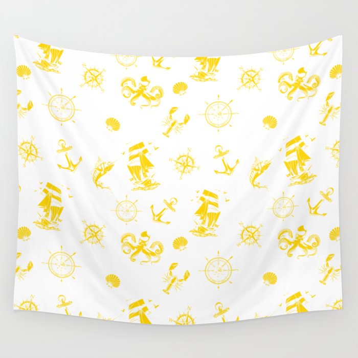 Yellow Silhouettes Of Vintage Nautical Pattern Wall Tapestry